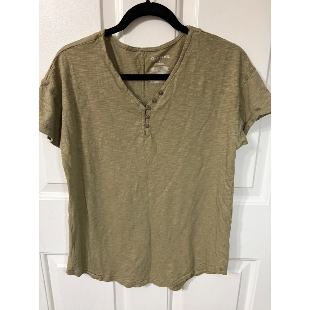 Set of 2 Henley V-Neck Short Sleeve Slub Tee | S || Olive & Pink| Knox Rose - Picture 3 of 6
